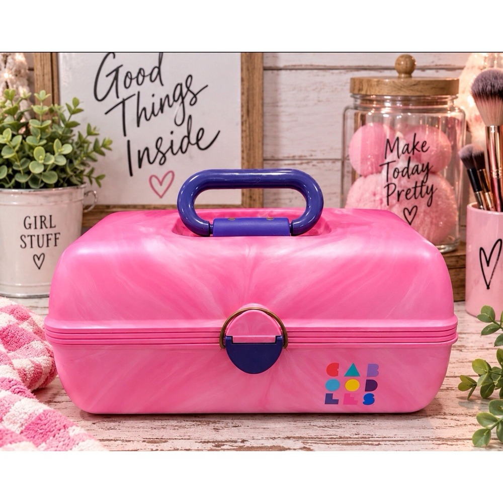 VTG Caboodles Pink Marble Makeup Case Purple Handle Retro 90s 2620 Organizer Y2K